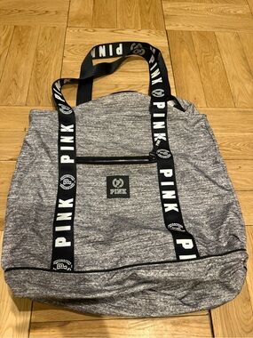 PINK Victoria's Secret Gray Heather Duffel Tote with Black Branded Straps